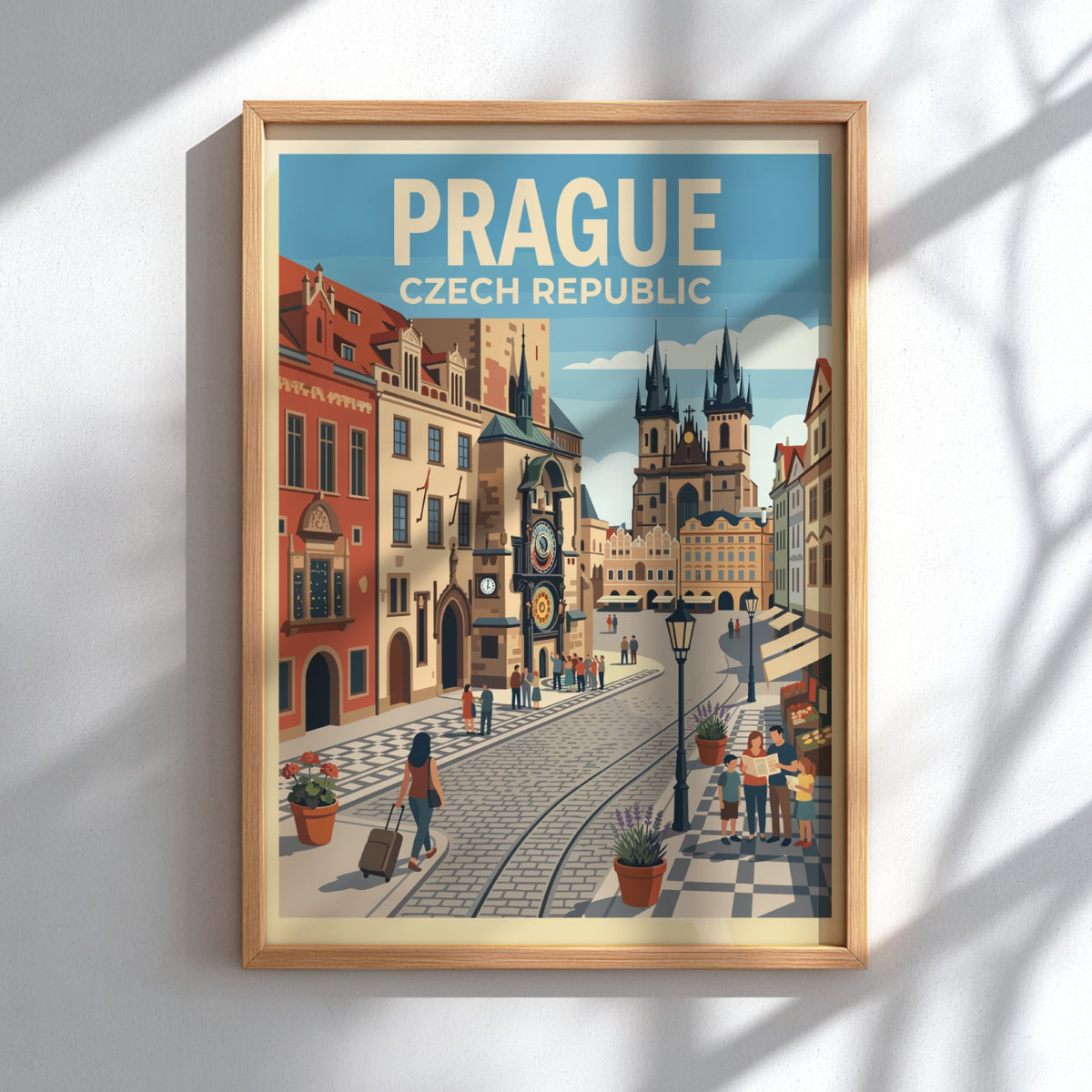Travel poster of Prague featuring the Astronomical Clock and historic buildings in soft colours