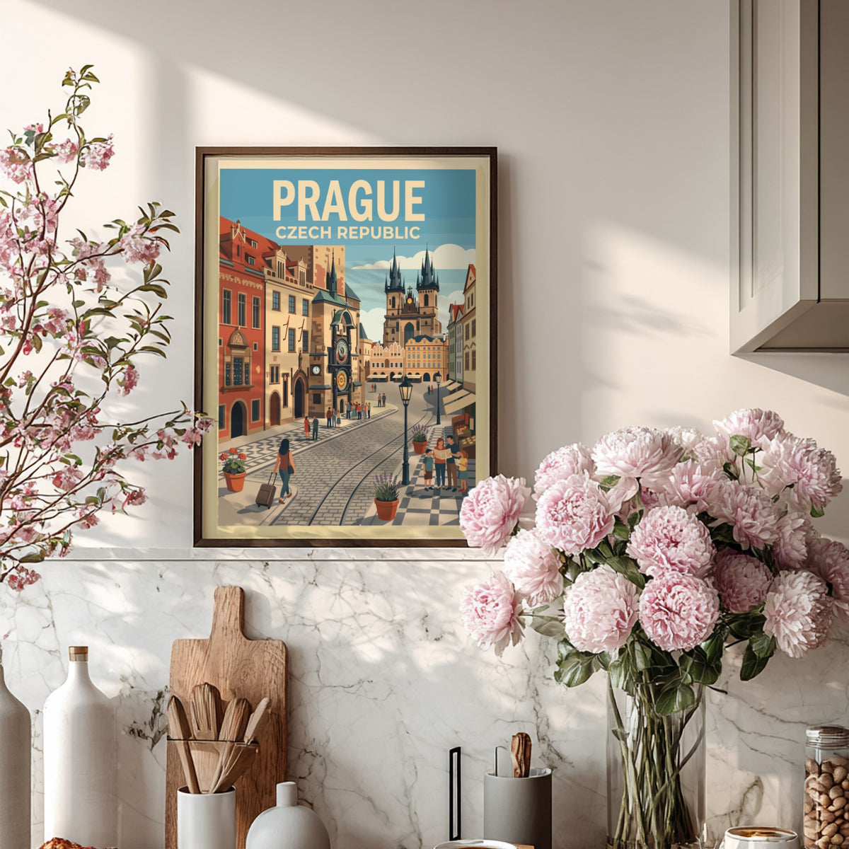 Travel poster of Prague featuring the Astronomical Clock and historic buildings in soft colours