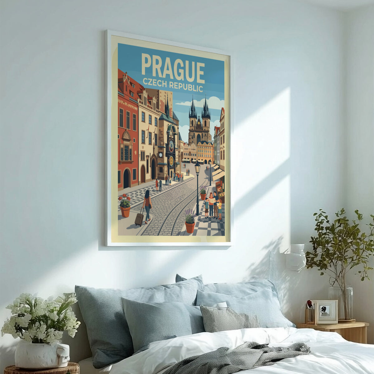 Travel poster of Prague featuring the Astronomical Clock and historic buildings in soft colours