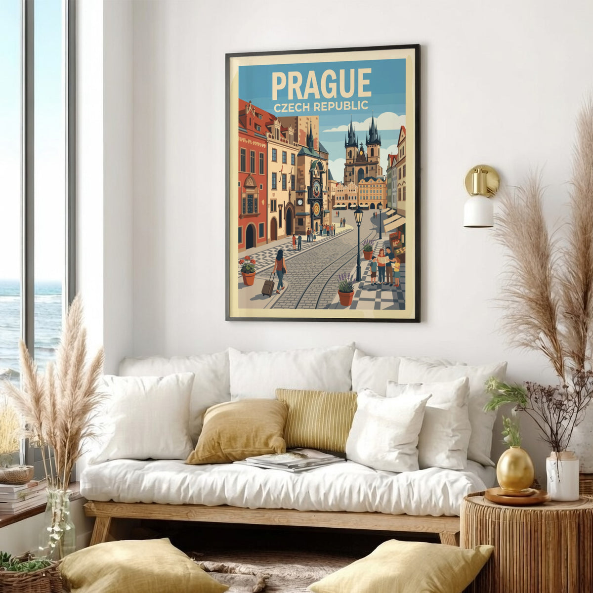 Travel poster of Prague featuring the Astronomical Clock and historic buildings in soft colours