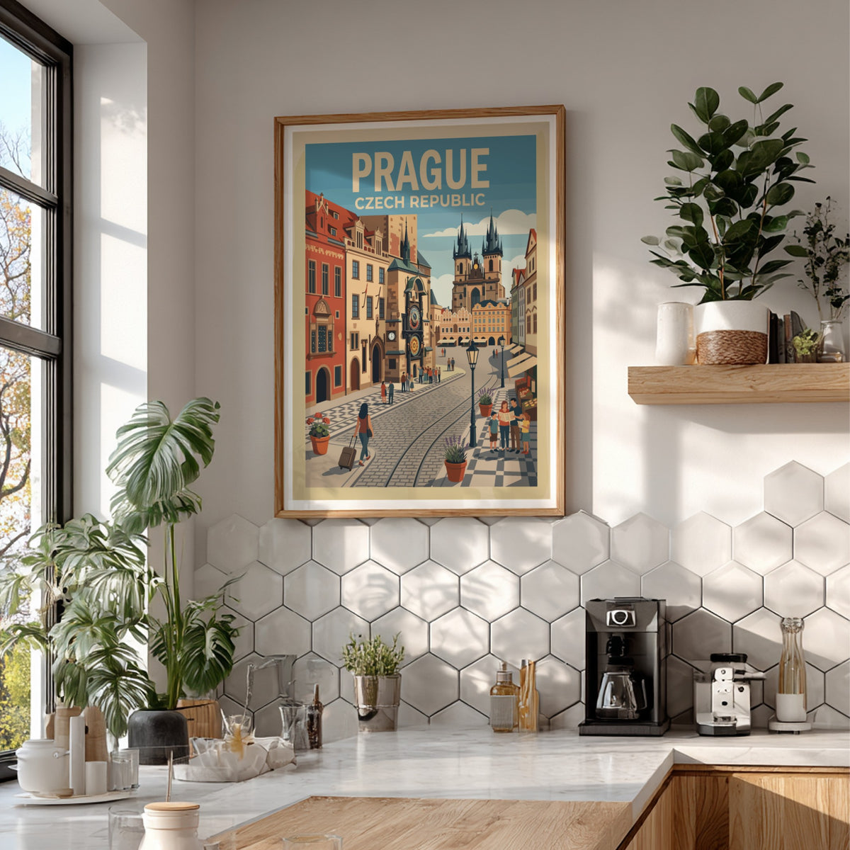 Travel poster of Prague featuring the Astronomical Clock and historic buildings in soft colours