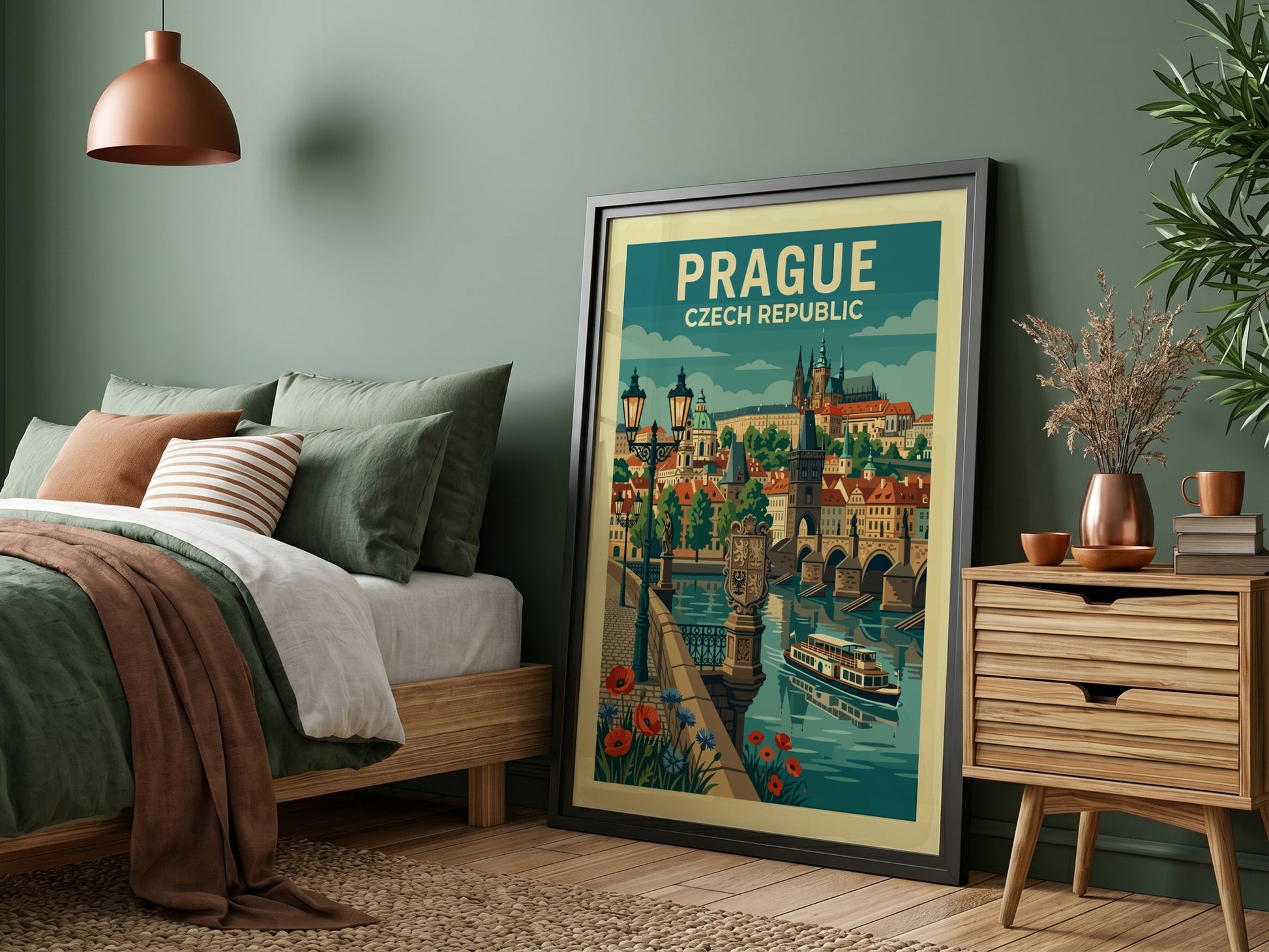 Stylized travel poster of Prague's Charles Bridge and cityscape in a vintage art style.