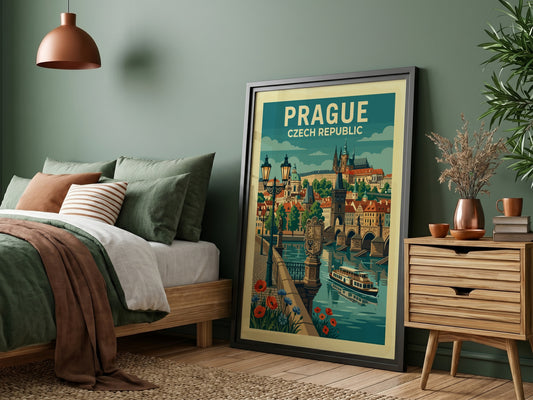 Stylized travel poster of Prague's Charles Bridge and cityscape in a vintage art style.