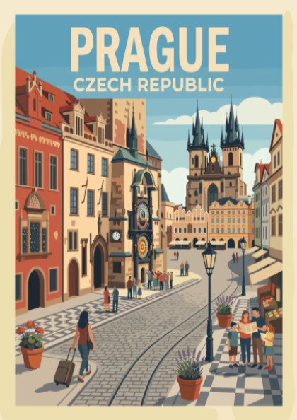Travel poster of Prague featuring the Astronomical Clock and historic buildings in soft colours
