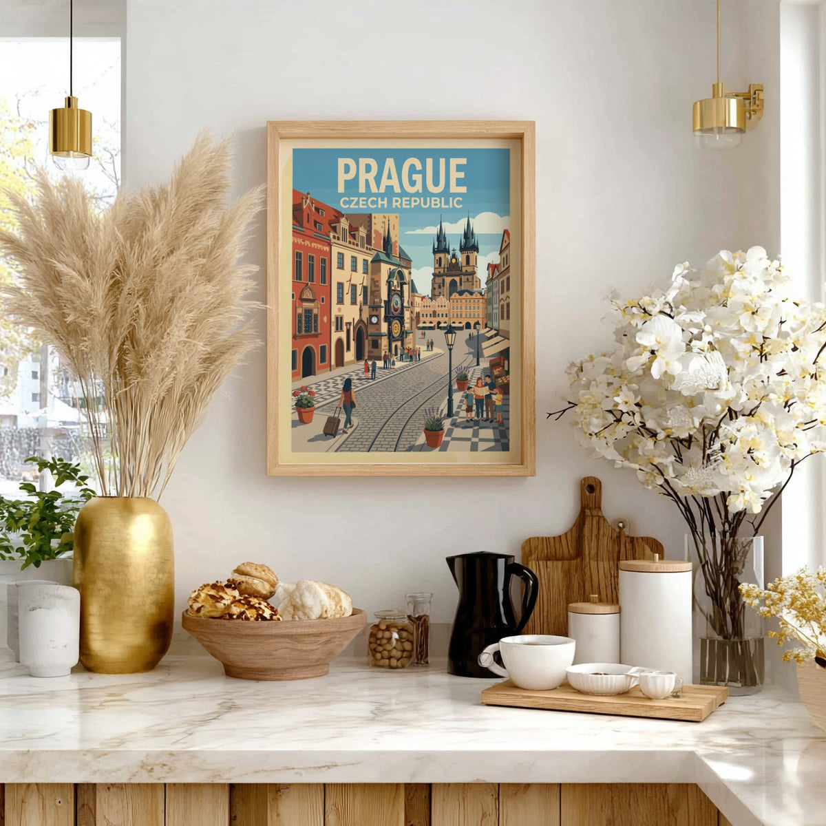 Travel poster of Prague featuring the Astronomical Clock and historic buildings in soft colours