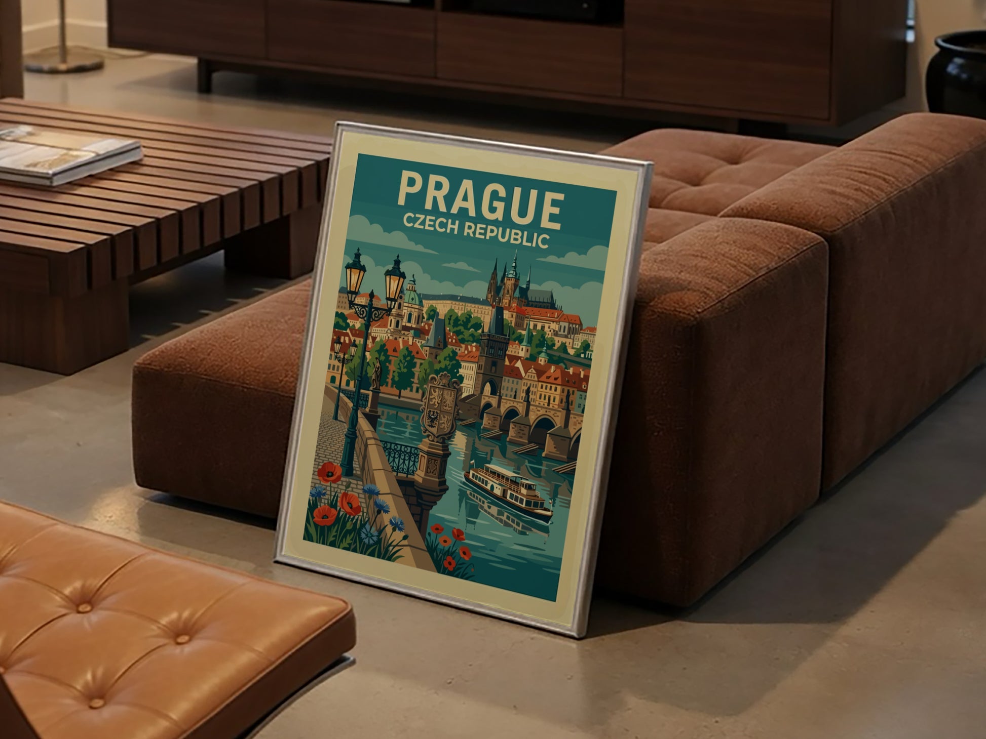 Stylized travel poster of Prague's Charles Bridge and cityscape in a vintage art style.