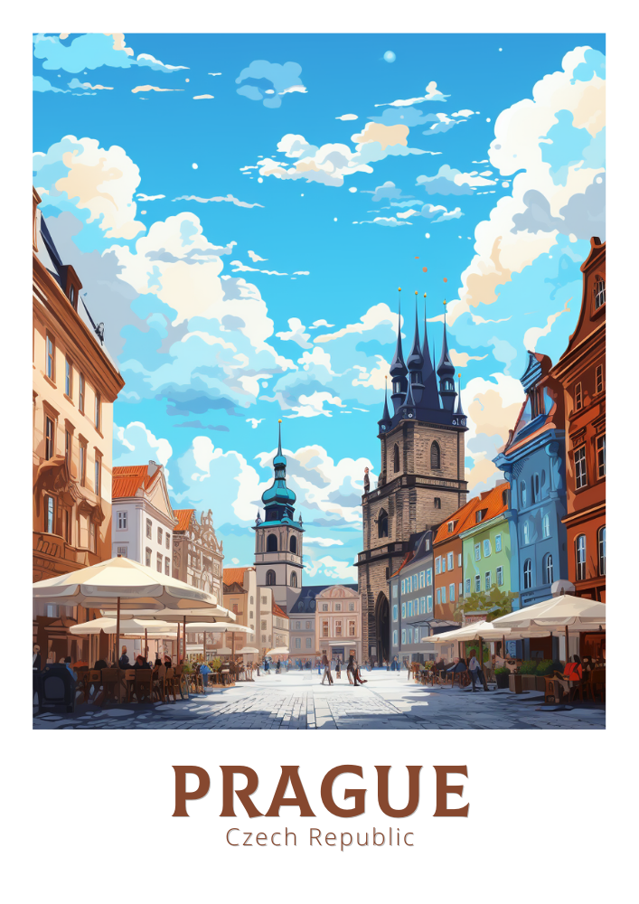 Europe PRAGUE TRAVEL POSTER - OLD TOWN SQUARE ARTWORK