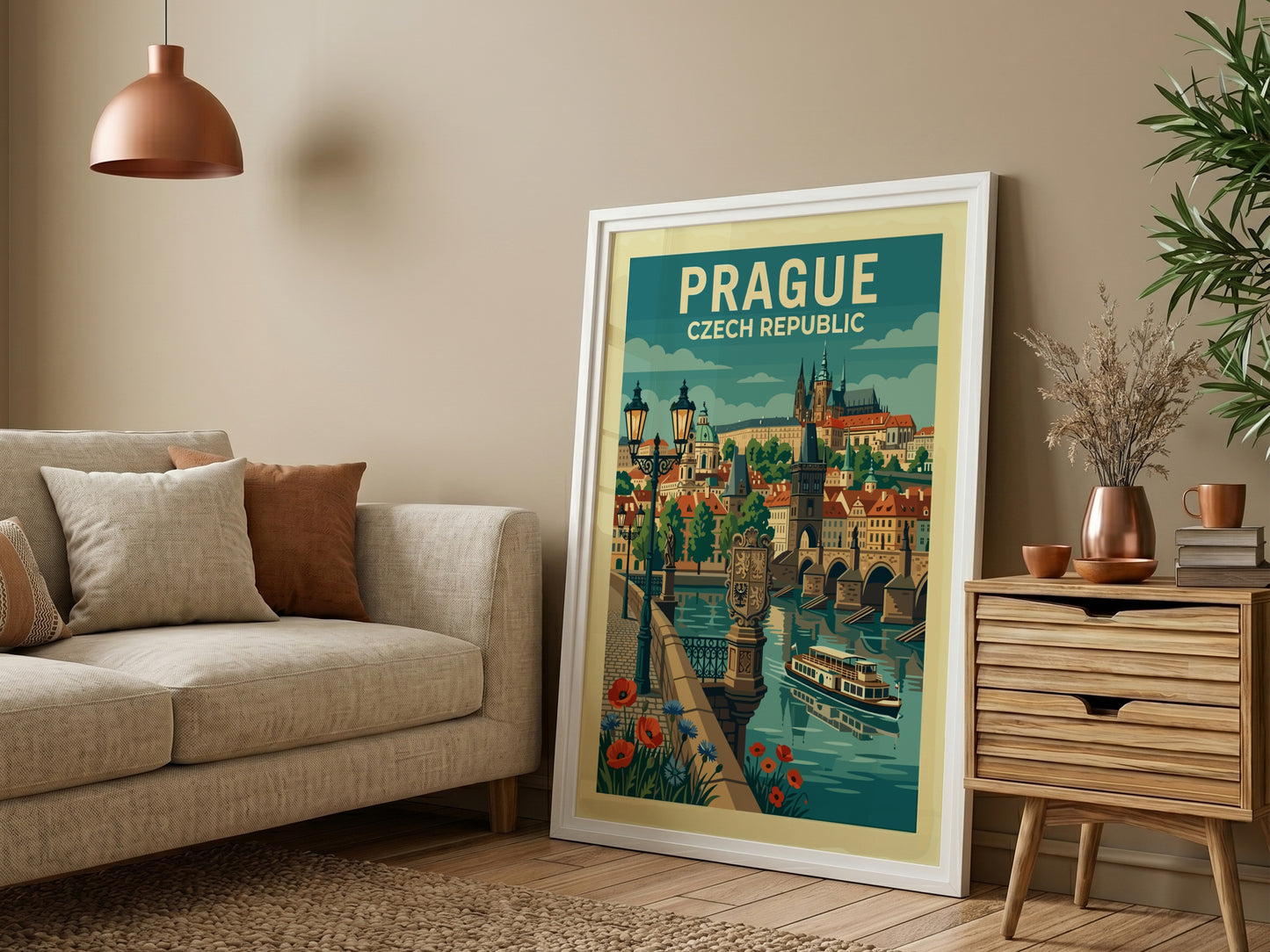 Stylized travel poster of Prague's Charles Bridge and cityscape in a vintage art style.