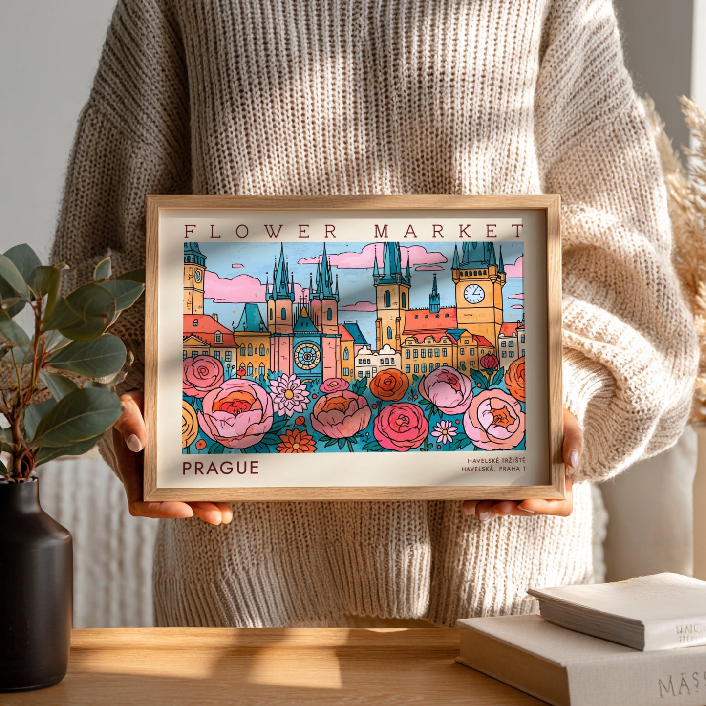 Prague flower market poster featuring vibrant colors and whimsical design with flowers and city architecture