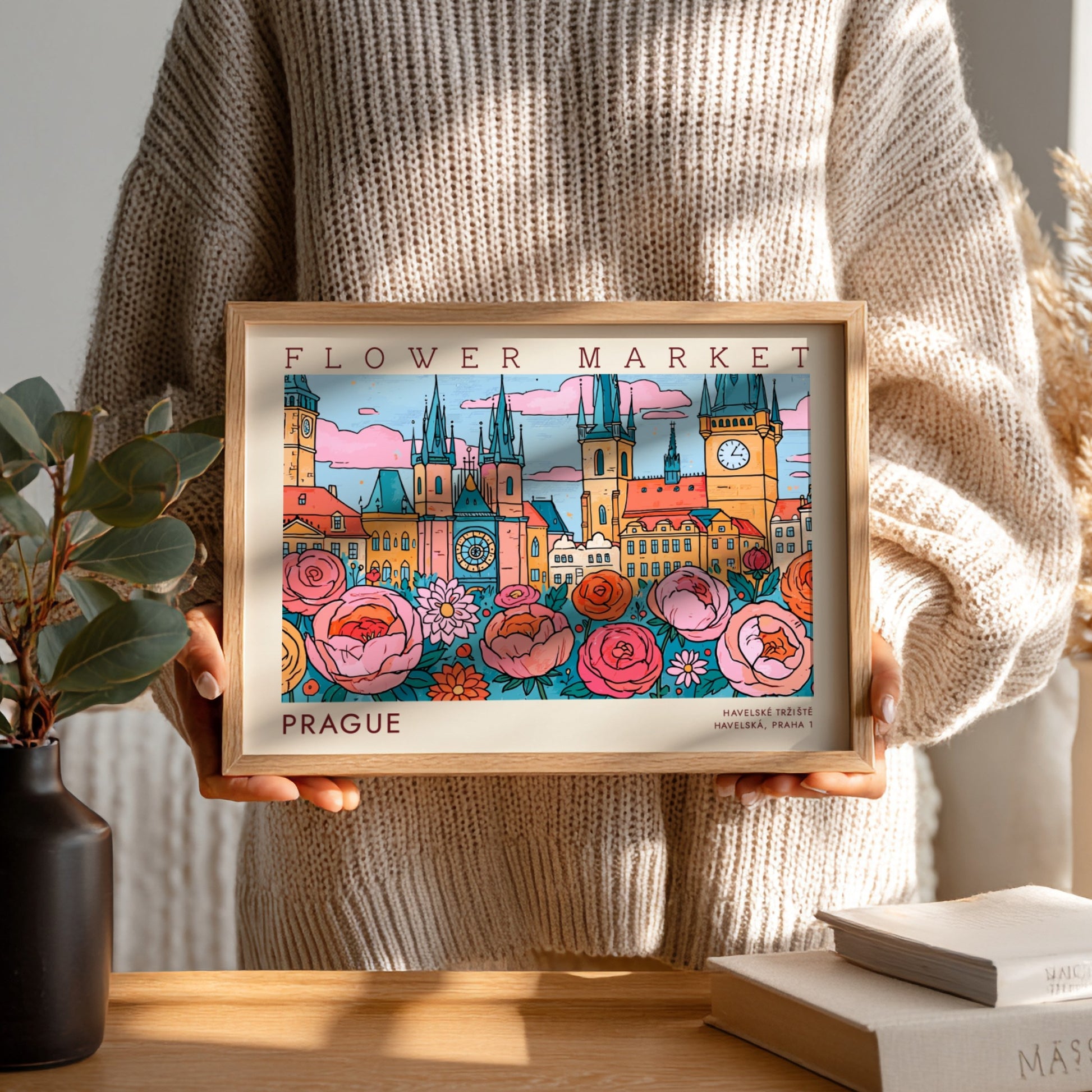 Prague flower market poster featuring vibrant colors and whimsical design with flowers and city architecture