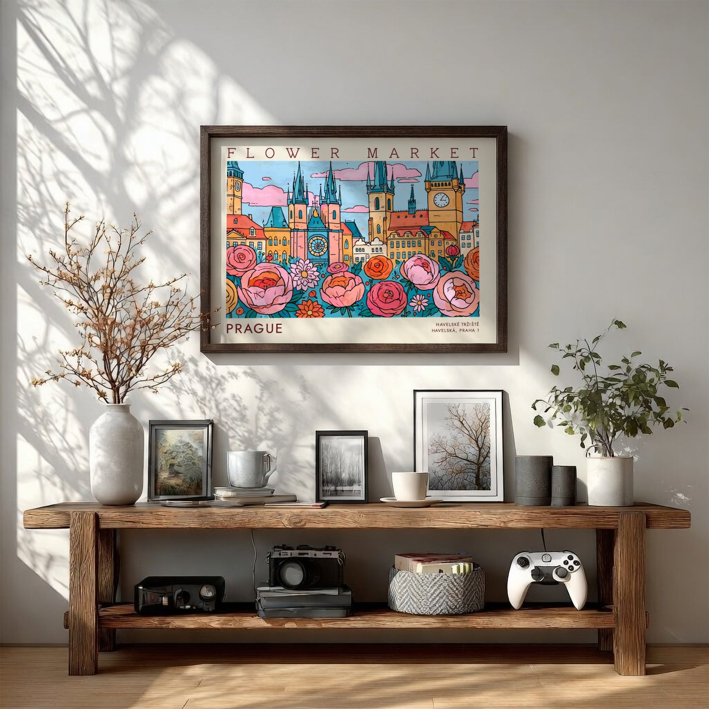 Prague flower market poster featuring vibrant colors and whimsical design with flowers and city architecture
