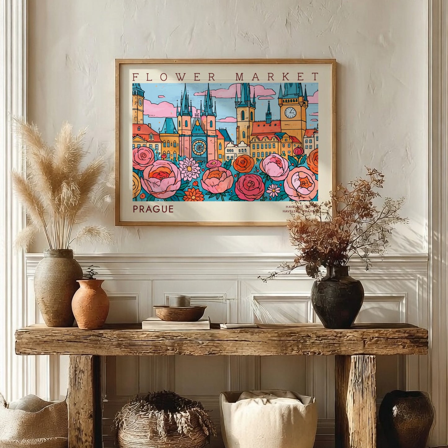Prague flower market poster featuring vibrant colors and whimsical design with flowers and city architecture