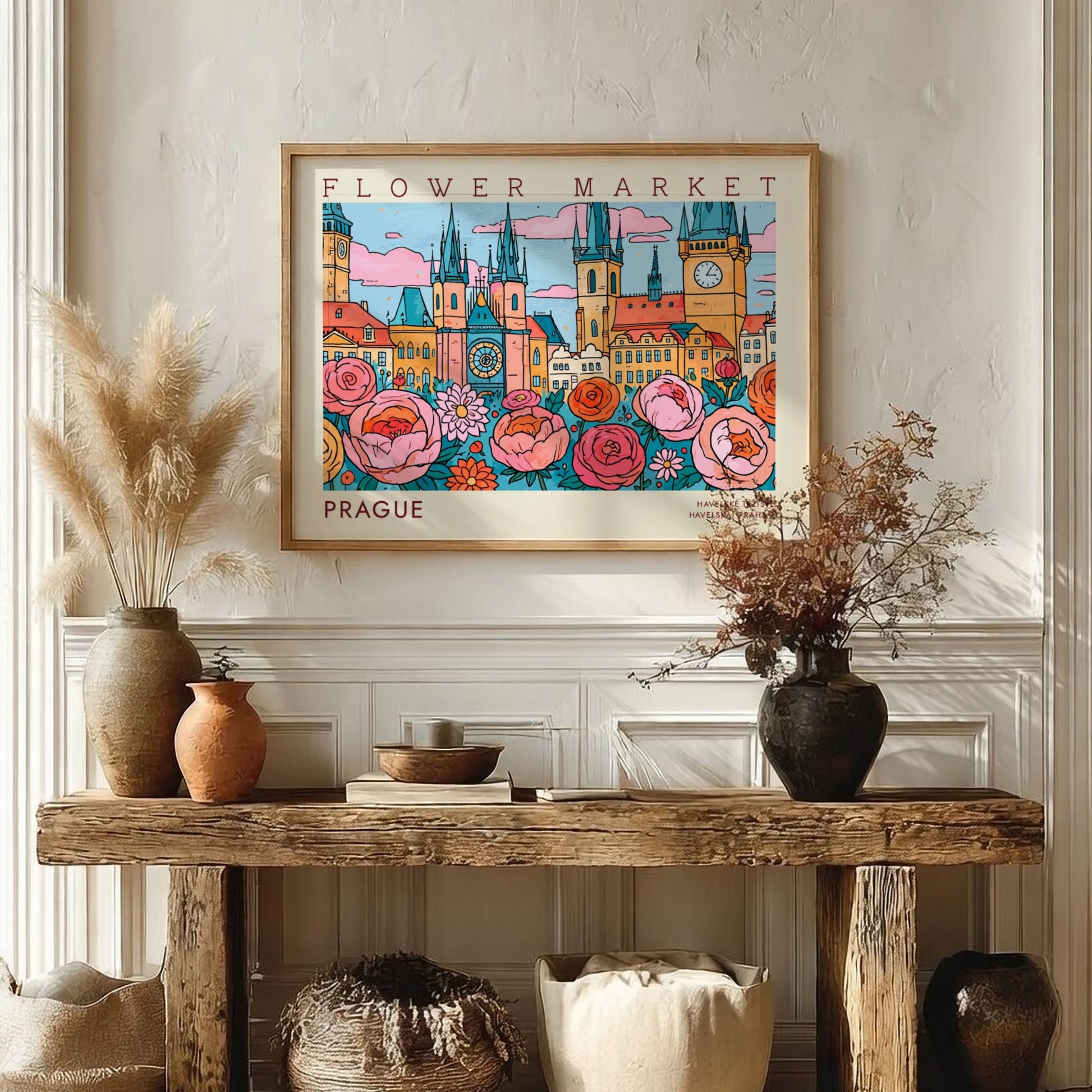 Prague flower market poster featuring vibrant colors and whimsical design with flowers and city architecture