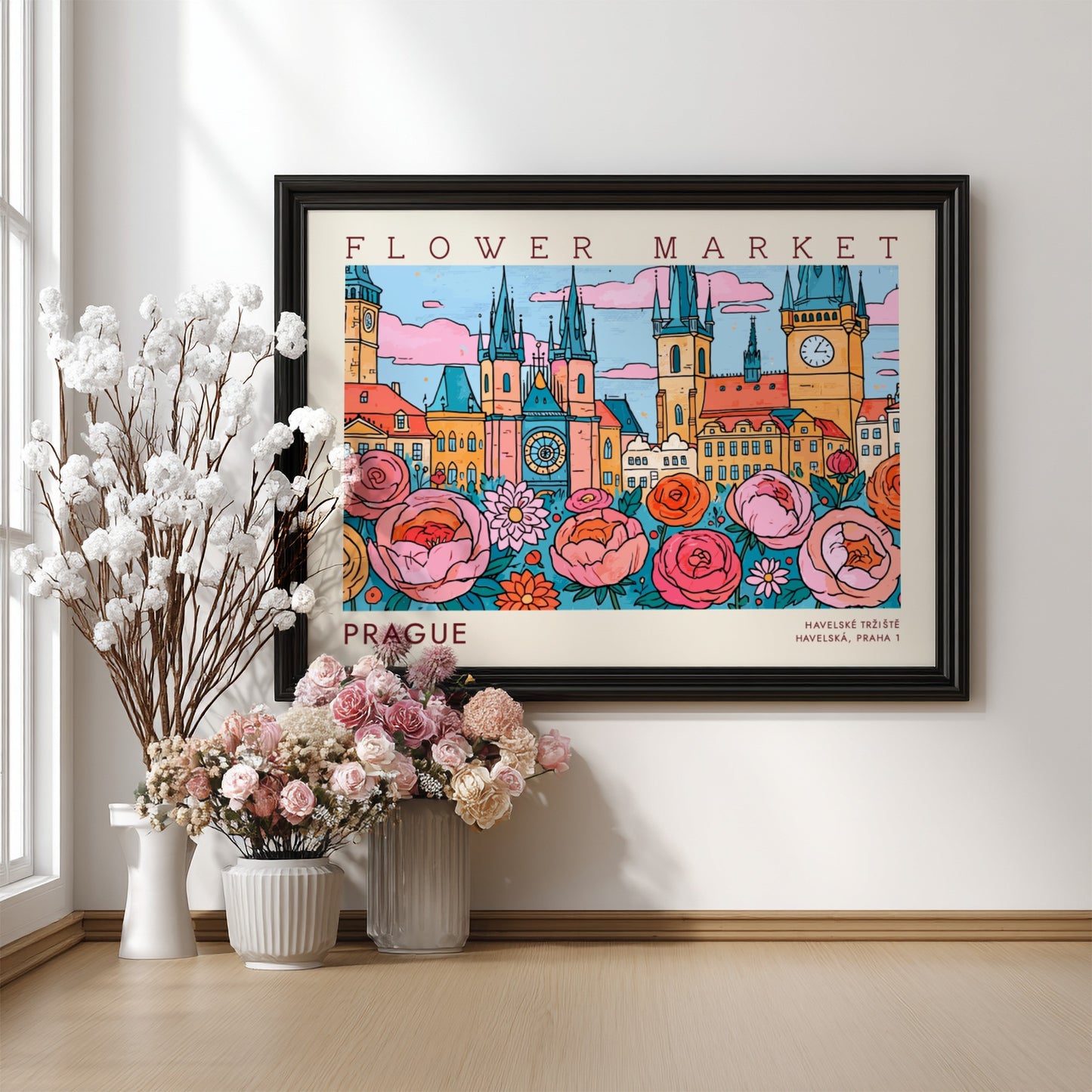 Prague flower market poster featuring vibrant colors and whimsical design with flowers and city architecture