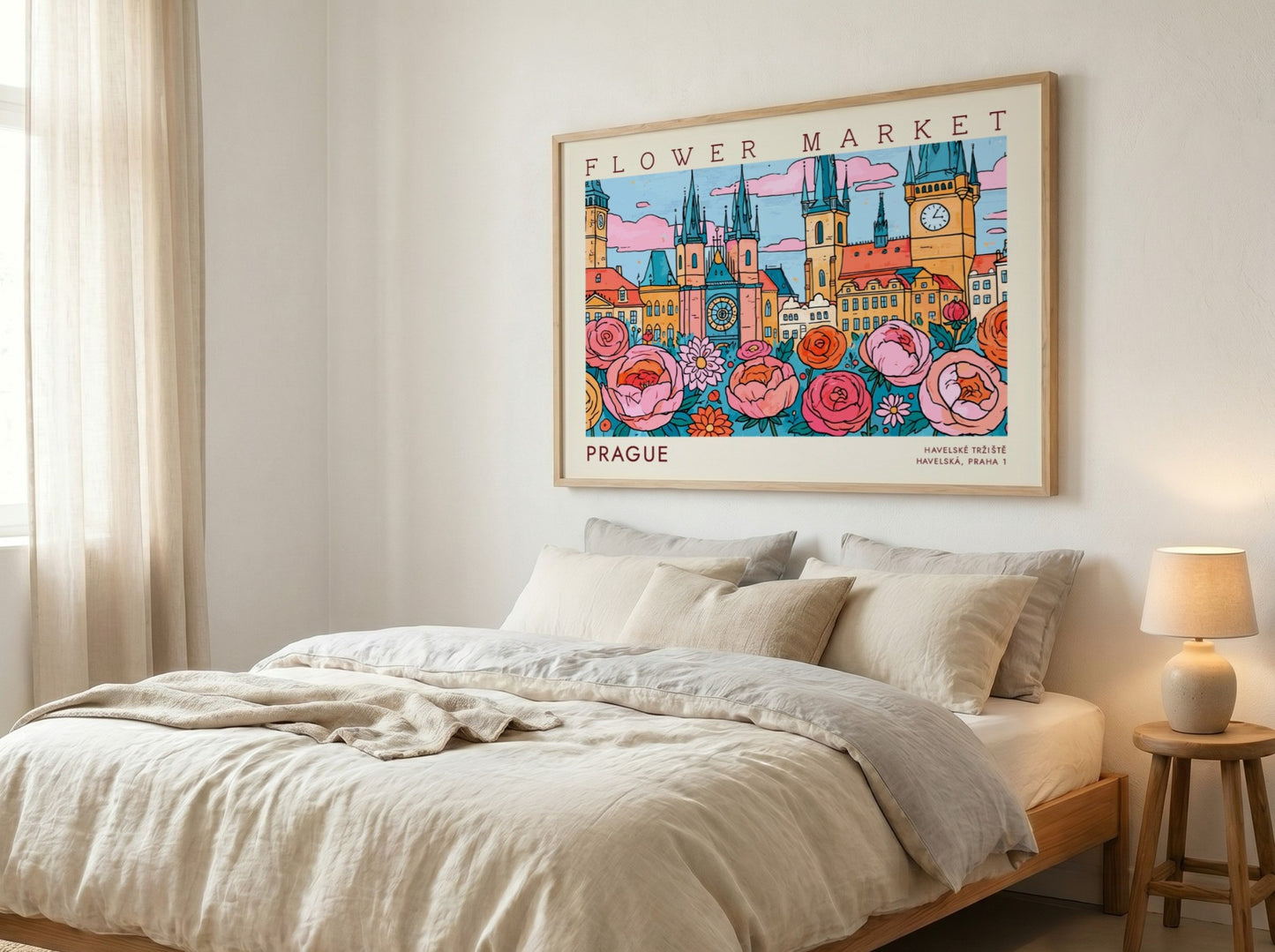 Prague flower market poster featuring vibrant colors and whimsical design with flowers and city architecture
