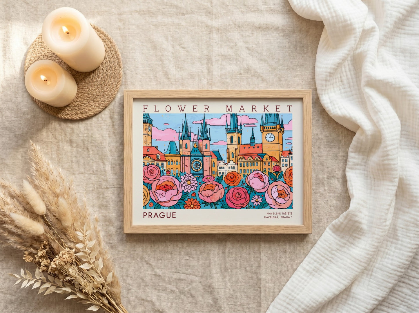 Prague flower market poster featuring vibrant colors and whimsical design with flowers and city architecture
