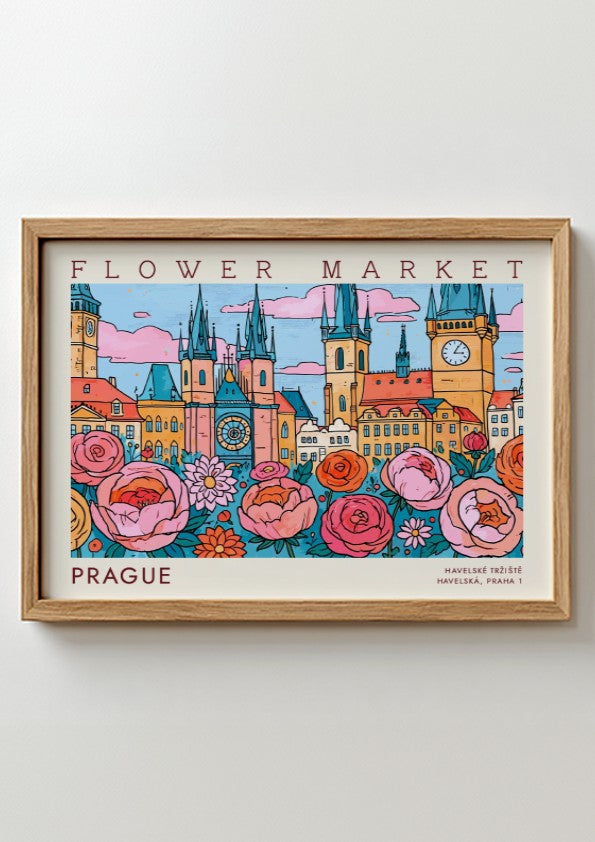 Prague flower market poster featuring vibrant colors and whimsical design with flowers and city architecture