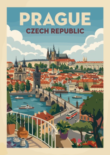 Vintage Prague travel poster featuring Charles Bridge and Prague Castle in a retro art style.