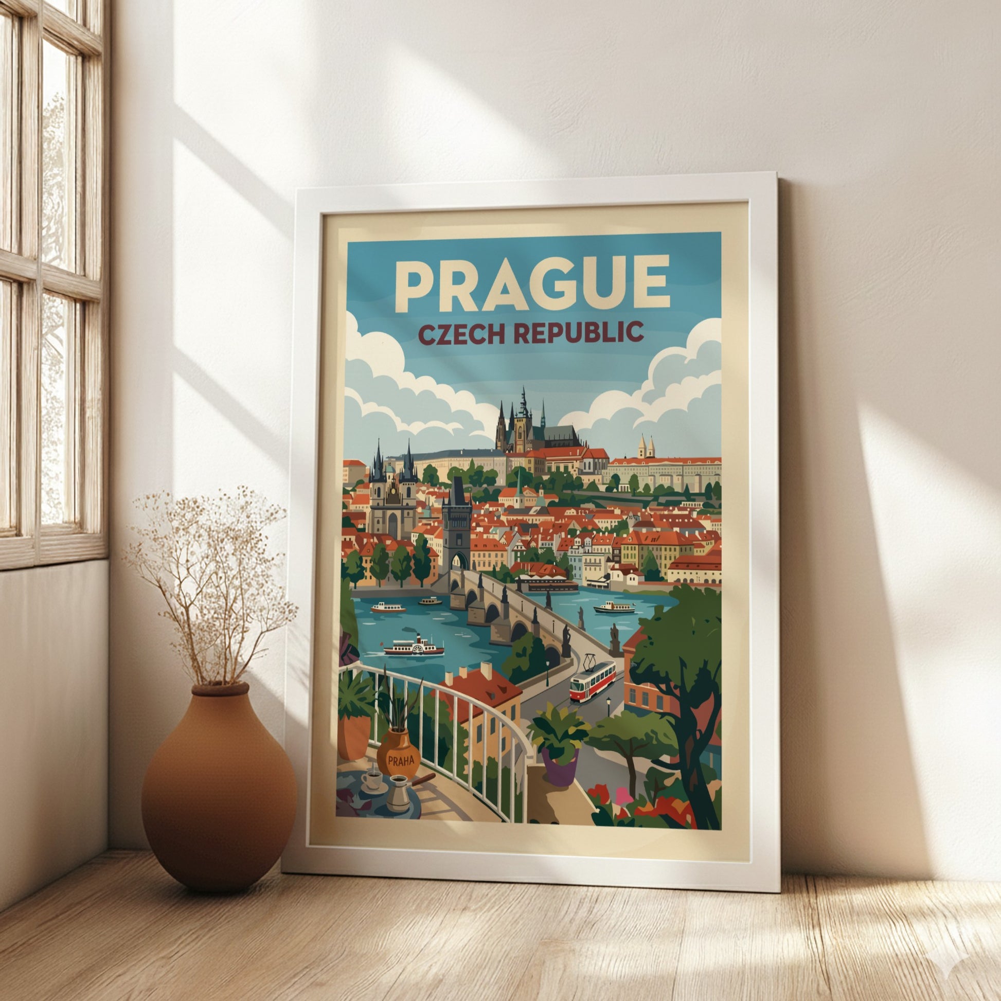 Vintage Prague travel poster featuring Charles Bridge and Prague Castle in a retro art style.