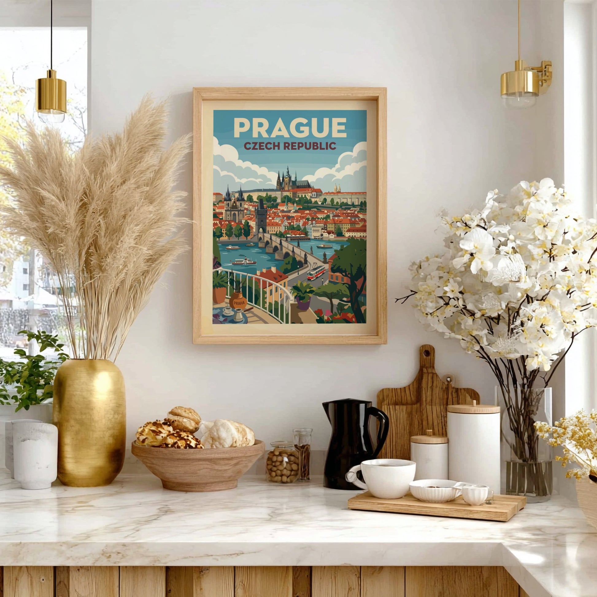 Vintage Prague travel poster featuring Charles Bridge and Prague Castle in a retro art style.