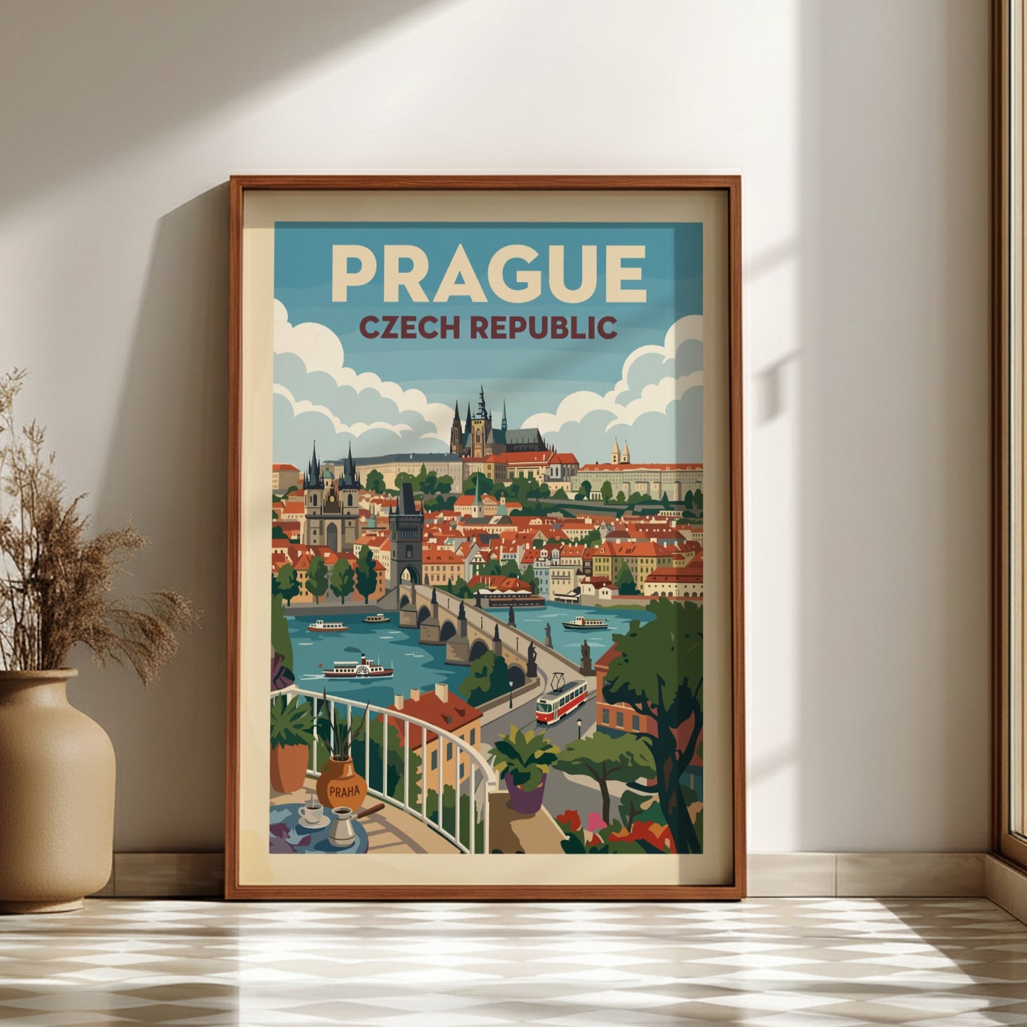 Vintage Prague travel poster featuring Charles Bridge and Prague Castle in a retro art style.