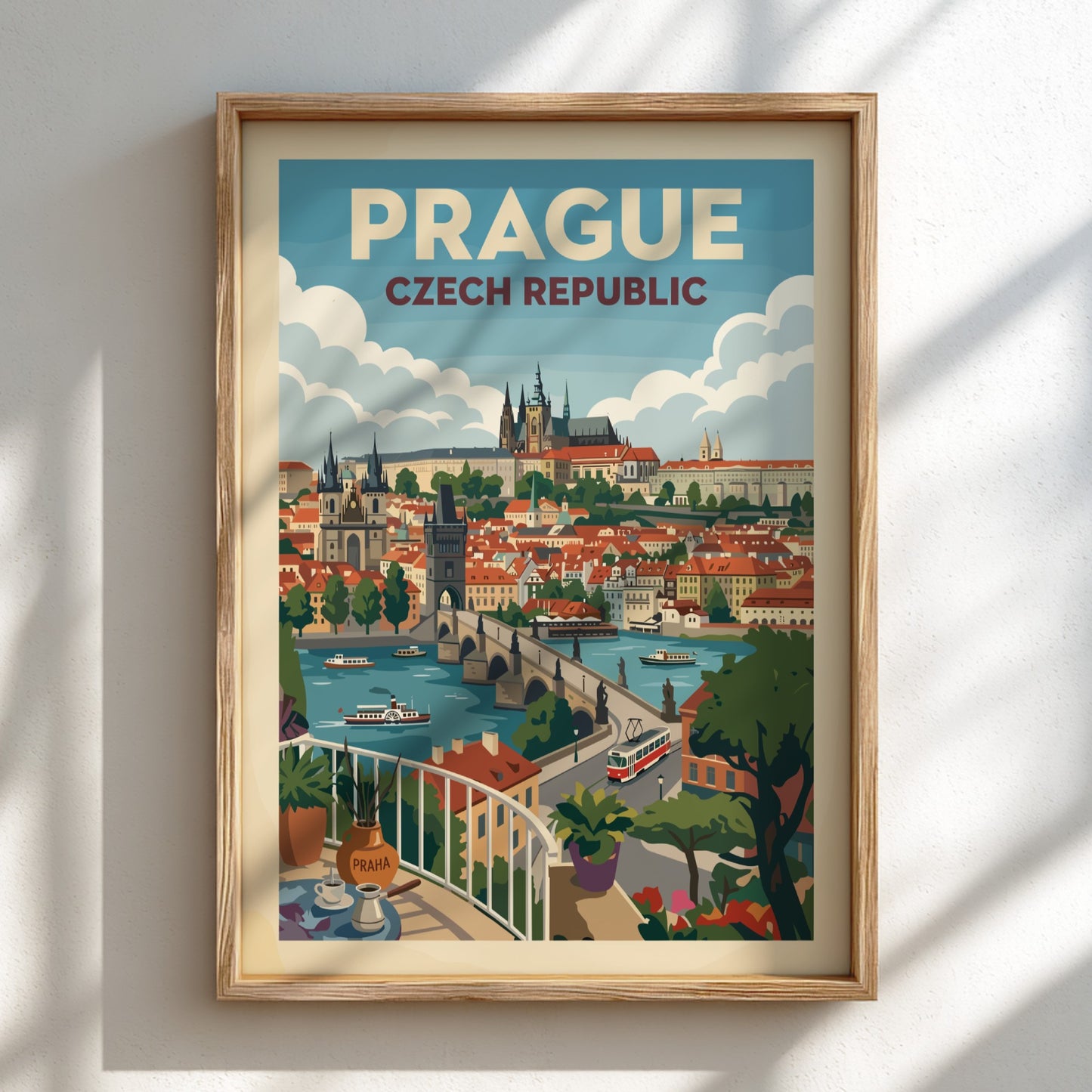 Vintage Prague travel poster featuring Charles Bridge and Prague Castle in a retro art style.