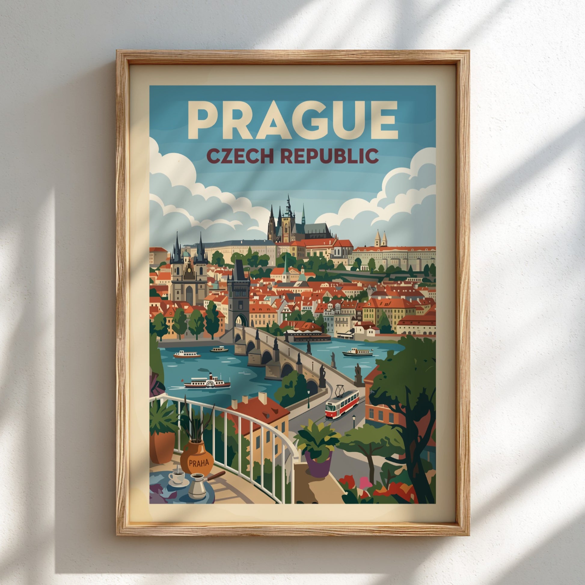 Vintage Prague travel poster featuring Charles Bridge and Prague Castle in a retro art style.