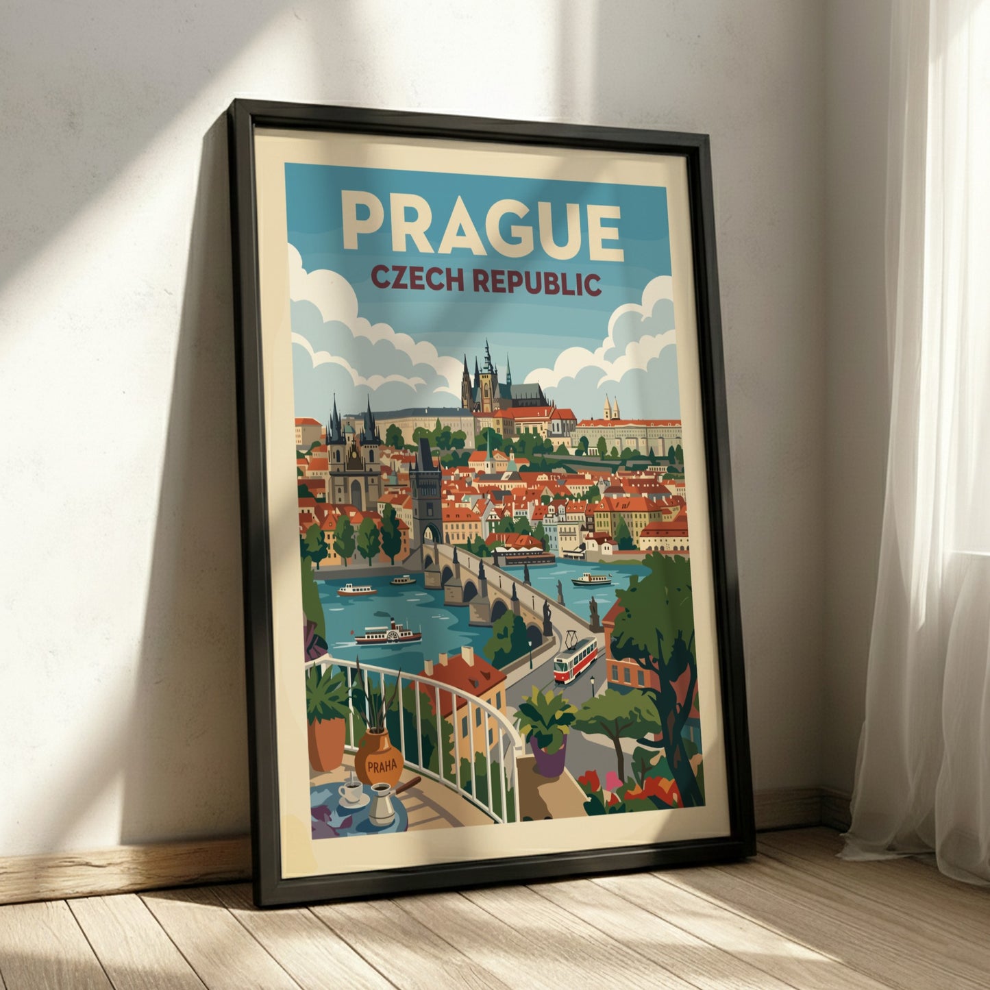 Vintage Prague travel poster featuring Charles Bridge and Prague Castle in a retro art style.