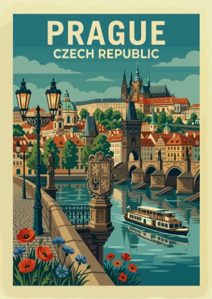 Stylized travel poster of Prague's Charles Bridge and cityscape in a vintage art style.