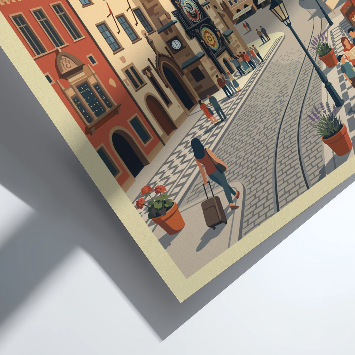 Travel poster of Prague featuring the Astronomical Clock and historic buildings in soft colours