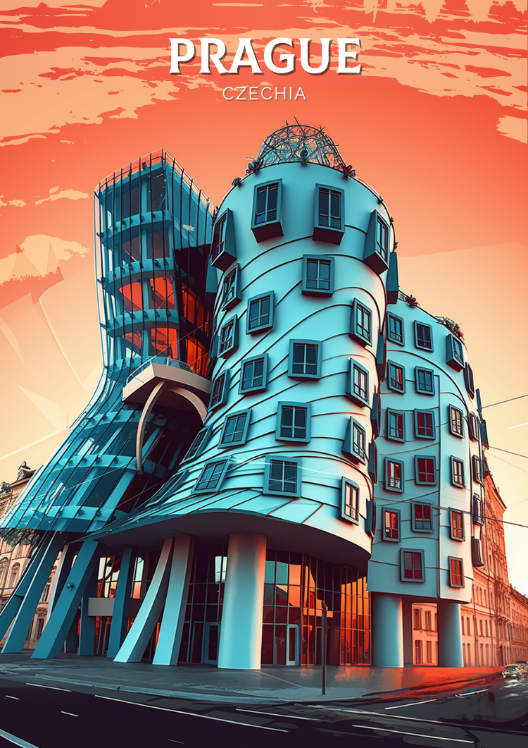 Europe PRAGUE TRAVEL POSTER - DANCING HOUSE ARTWORK