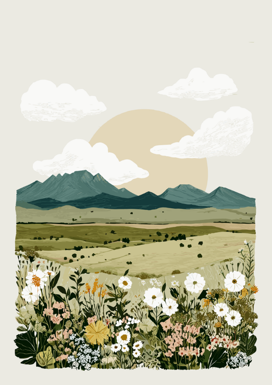 Illustration of a landscape with mountains, sun, clouds, and flowers.