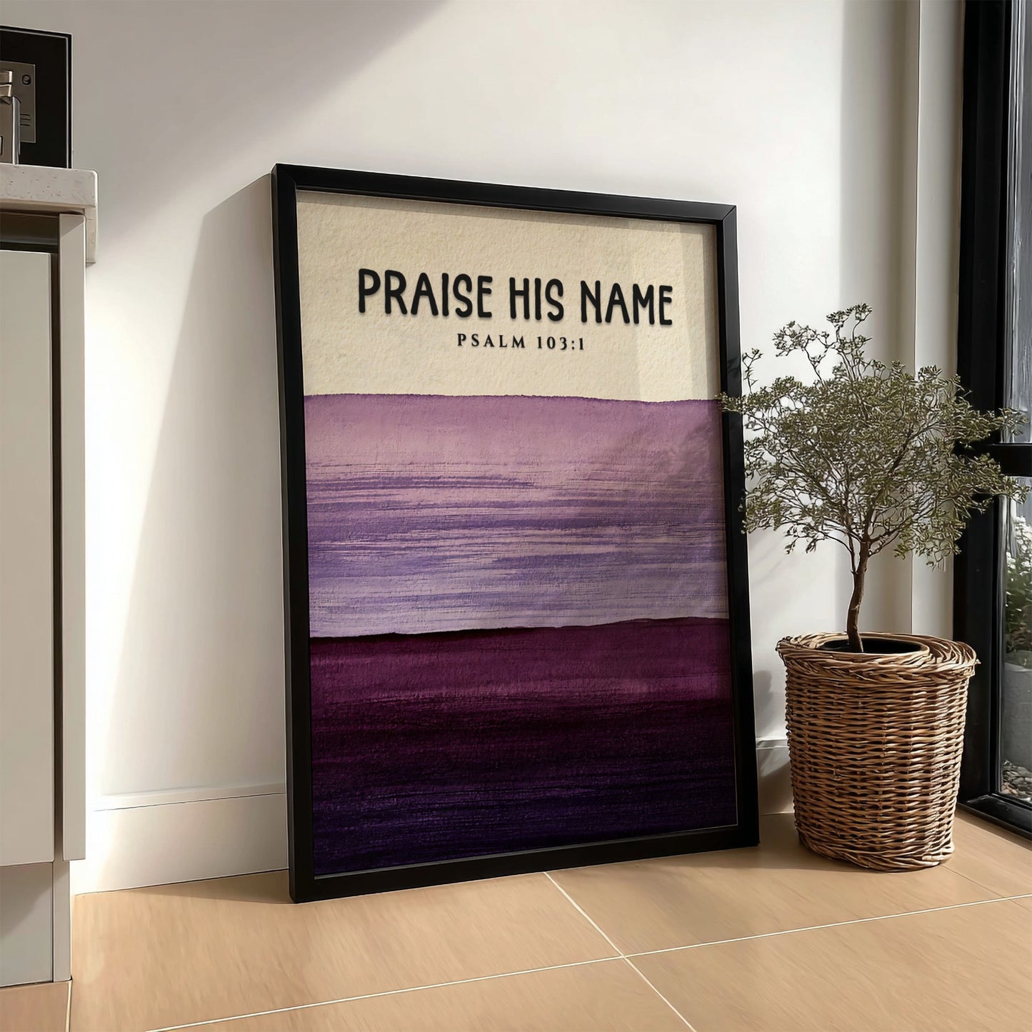 Praise His Name poster featuring Psalm 103:1 in calming purple gradient design