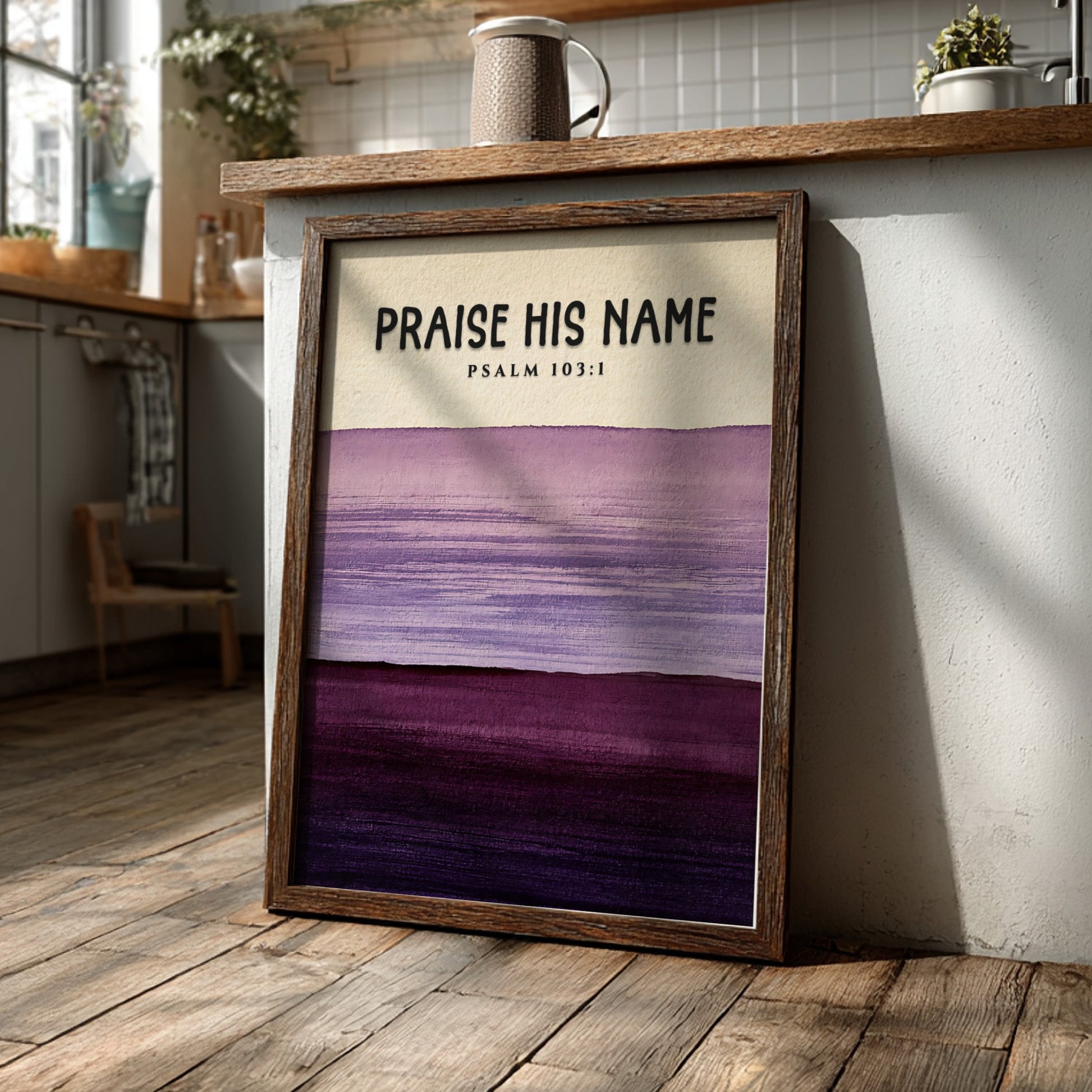 Praise His Name poster featuring Psalm 103:1 in calming purple gradient design