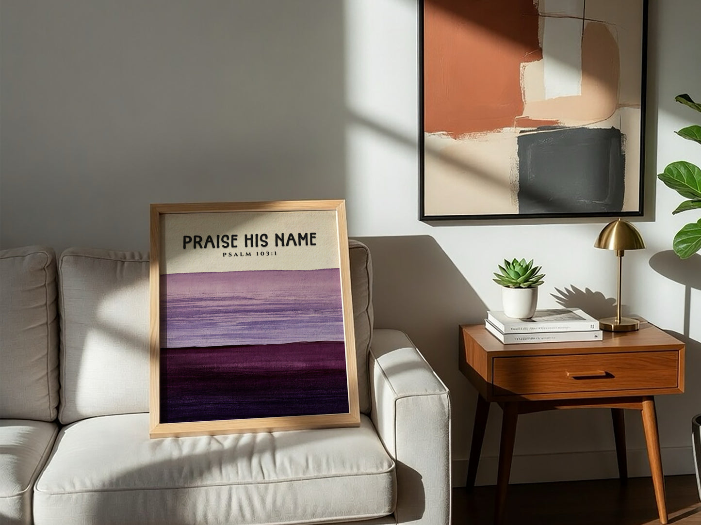 Praise His Name poster featuring Psalm 103:1 in calming purple gradient design