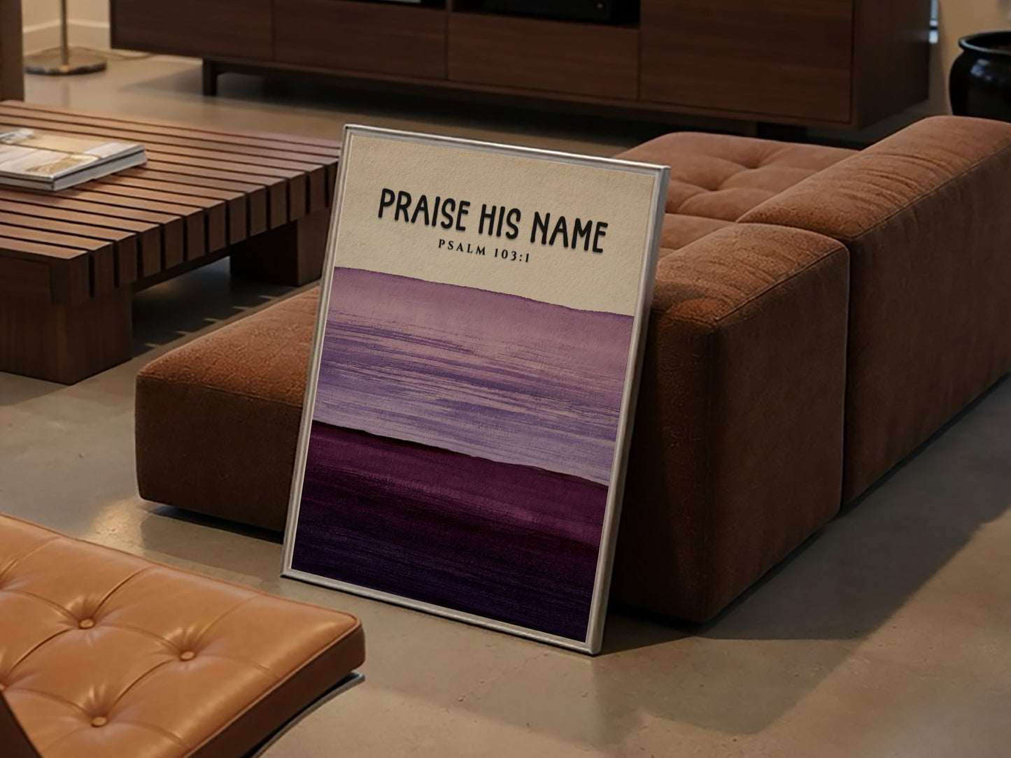 Praise His Name poster featuring Psalm 103:1 in calming purple gradient design