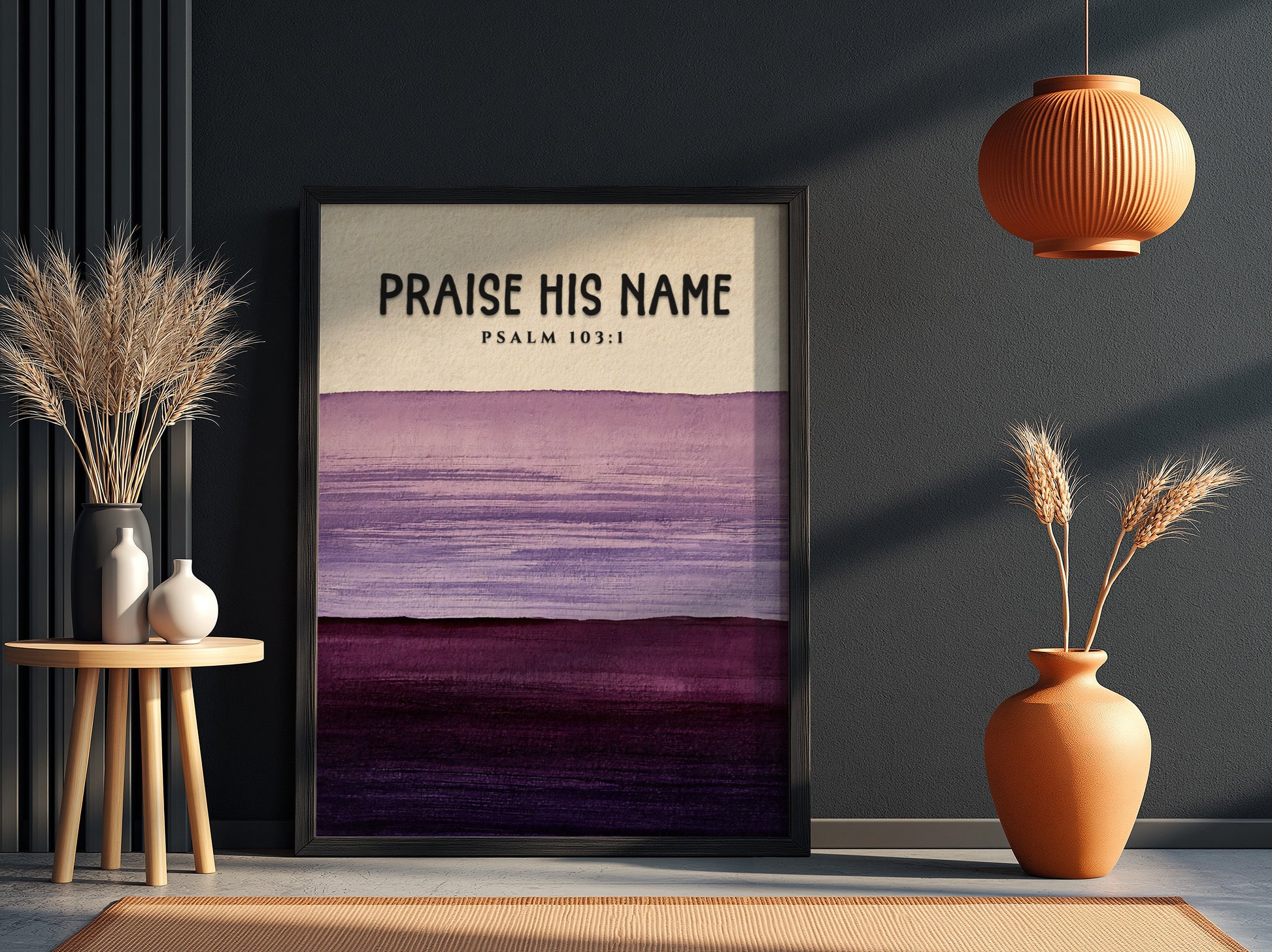 Praise His Name poster featuring Psalm 103:1 in calming purple gradient design
