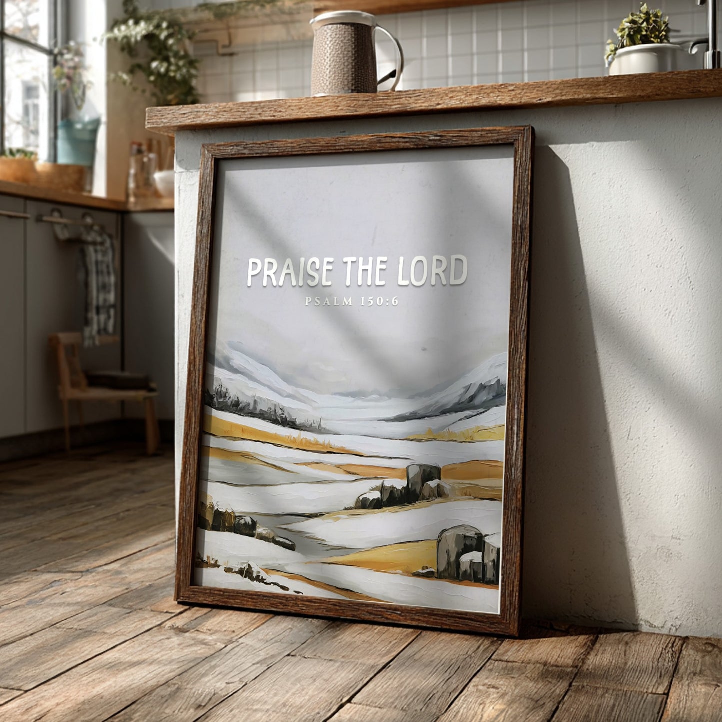 Praise the Lord poster featuring Psalm 150:6 in soft greys and earth tones, ideal for religious wall decor.