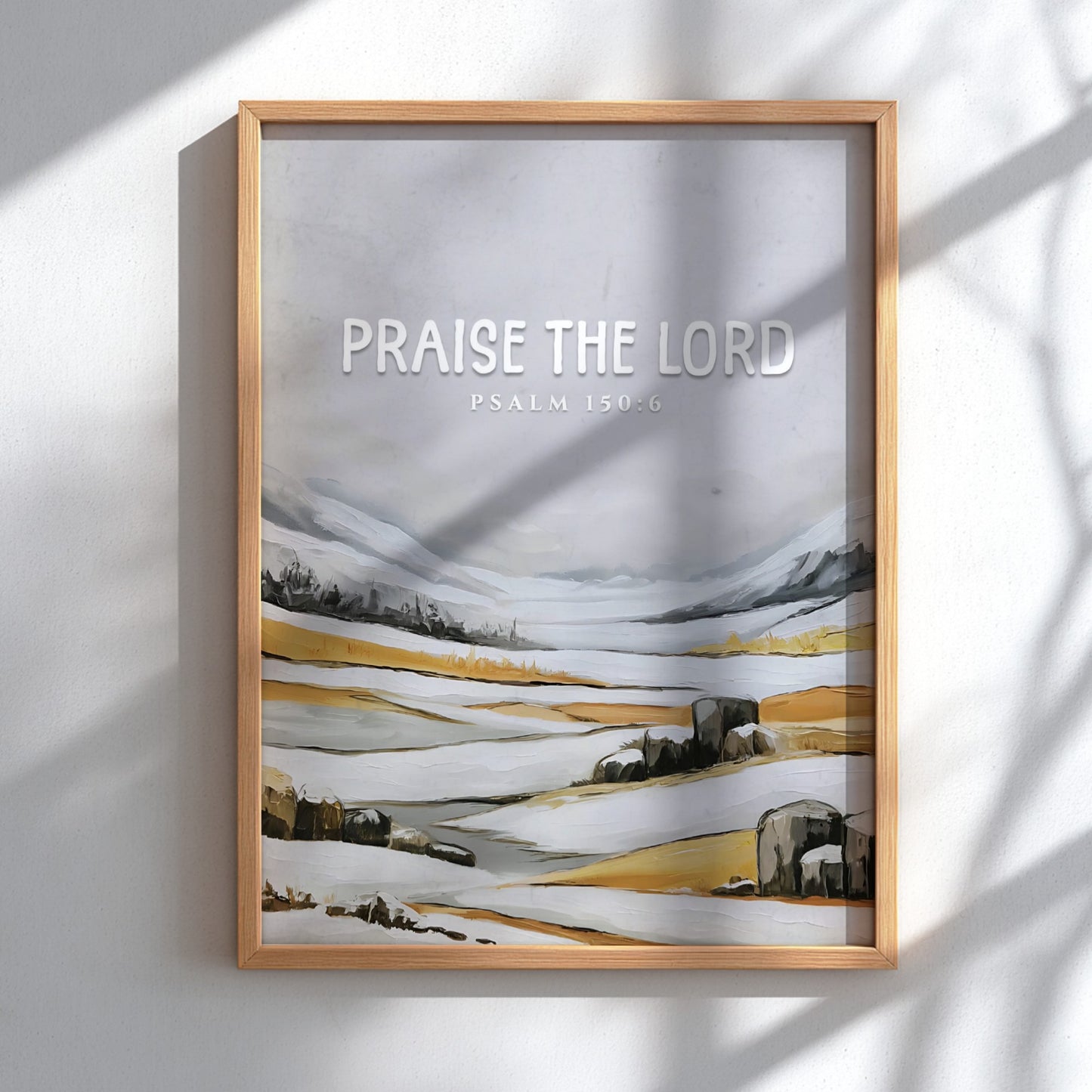 Praise the Lord poster featuring Psalm 150:6 in soft greys and earth tones, ideal for religious wall decor.
