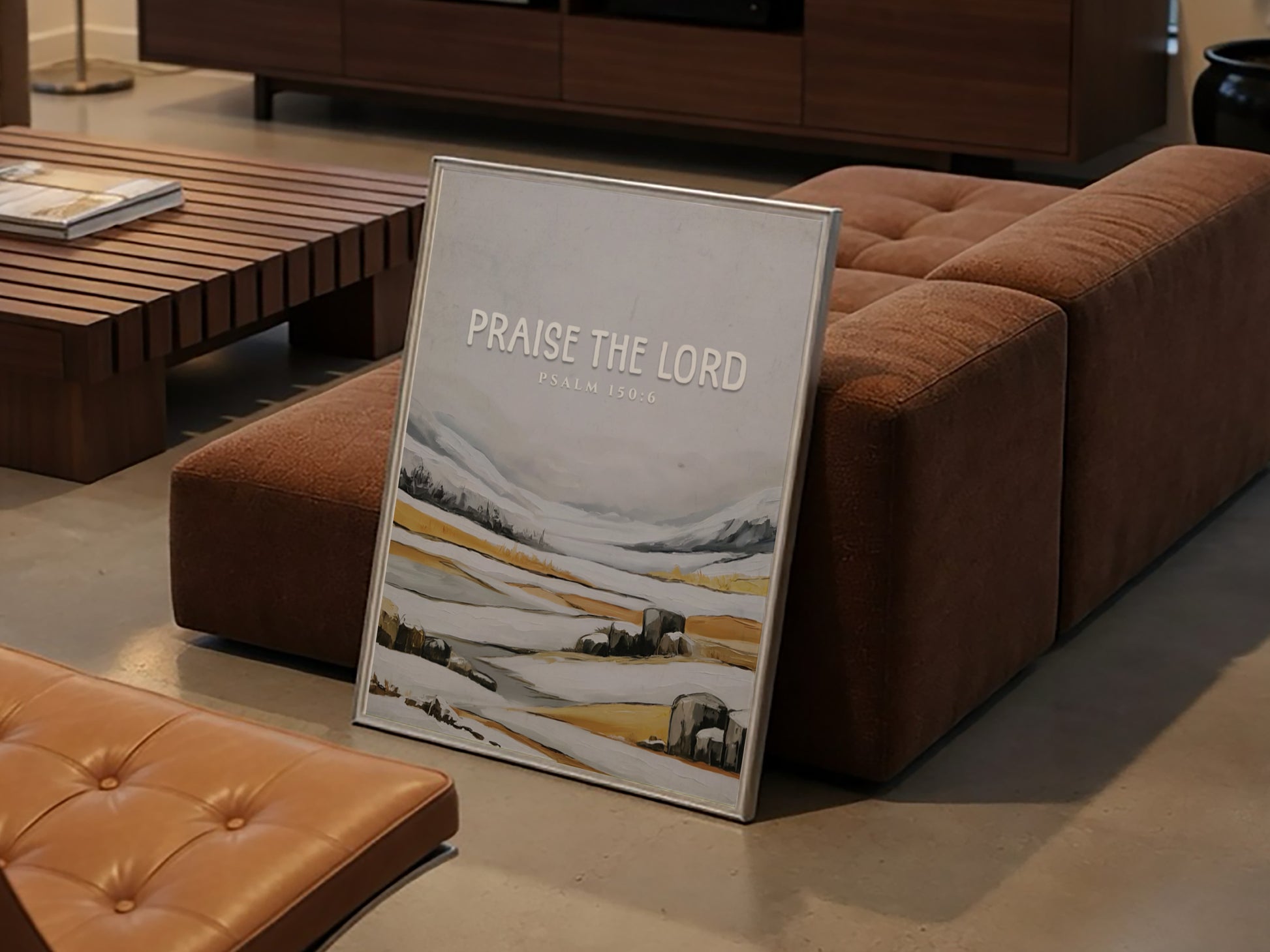 Praise the Lord poster featuring Psalm 150:6 in soft greys and earth tones, ideal for religious wall decor.