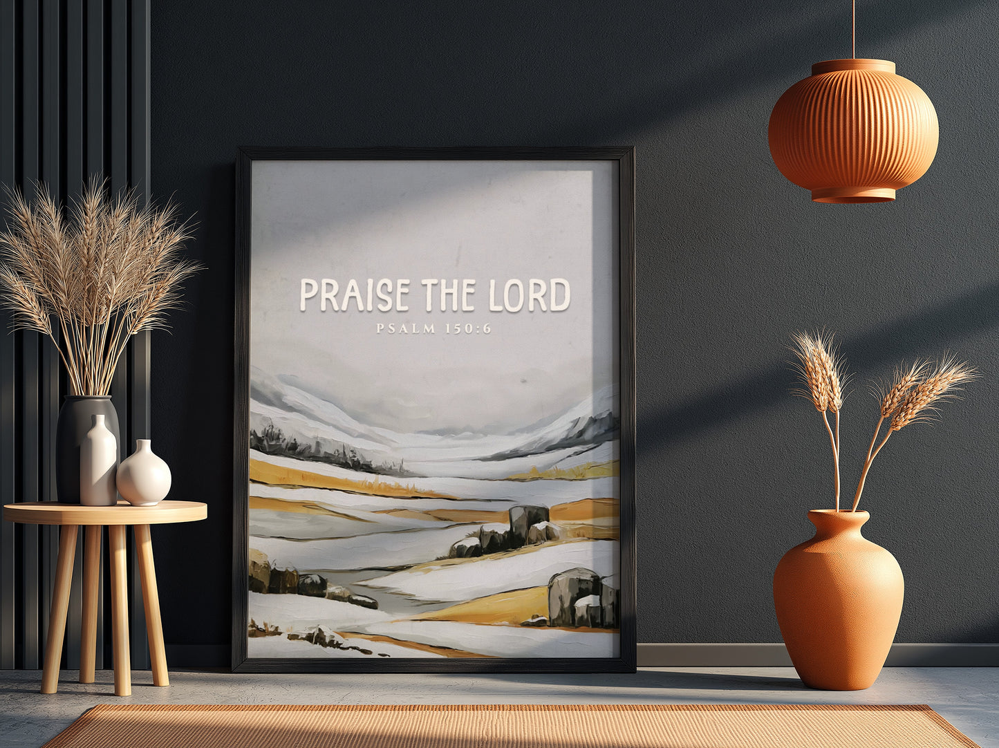 Praise the Lord poster featuring Psalm 150:6 in soft greys and earth tones, ideal for religious wall decor.
