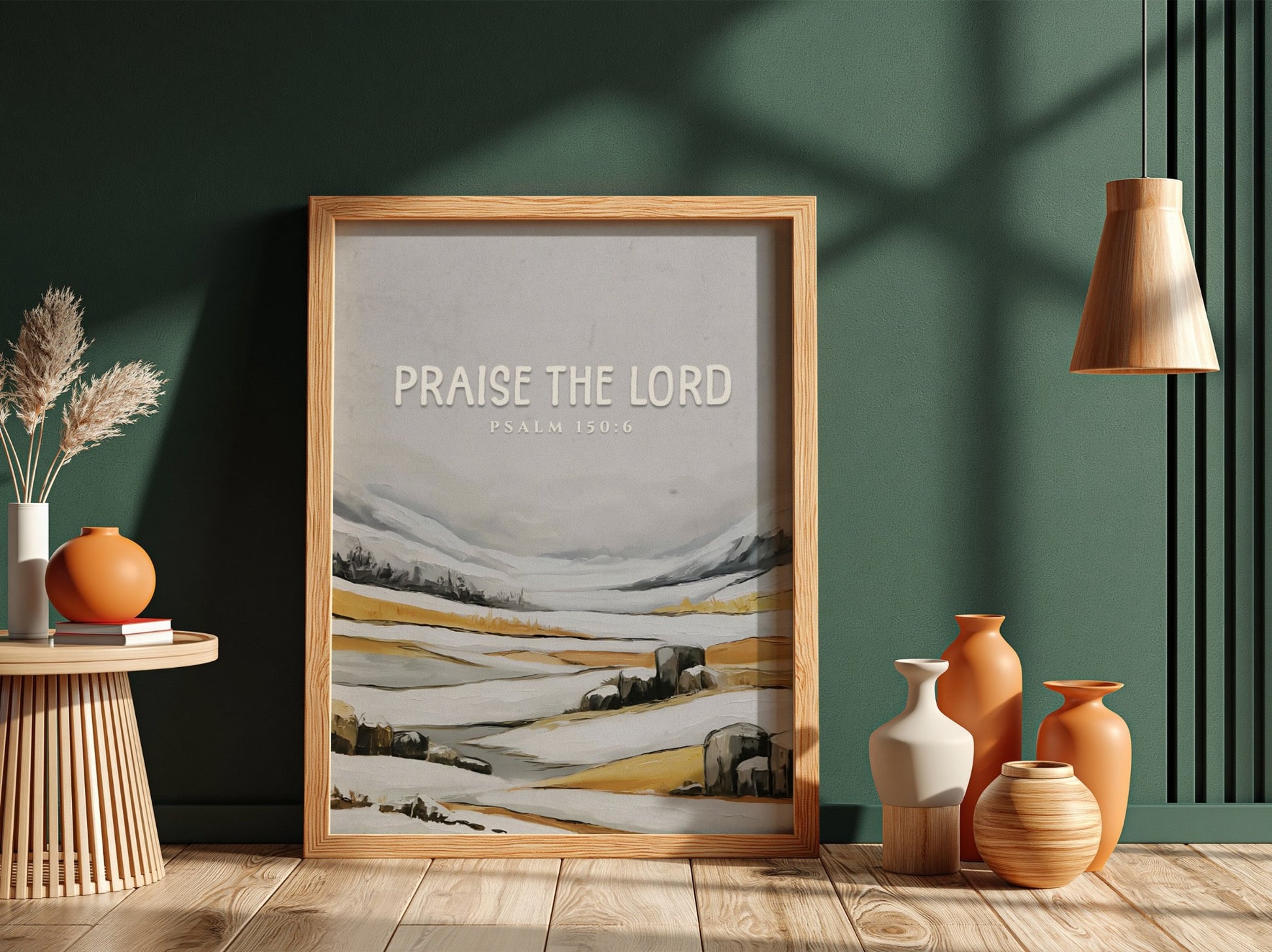 Praise the Lord poster featuring Psalm 150:6 in soft greys and earth tones, ideal for religious wall decor.