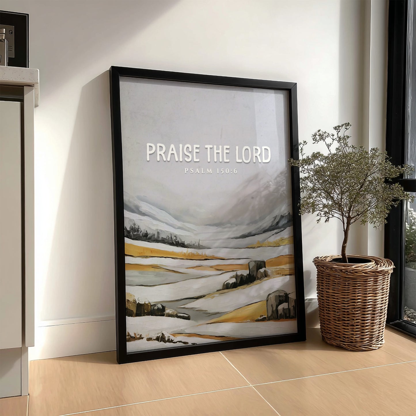 Praise the Lord poster featuring Psalm 150:6 in soft greys and earth tones, ideal for religious wall decor.