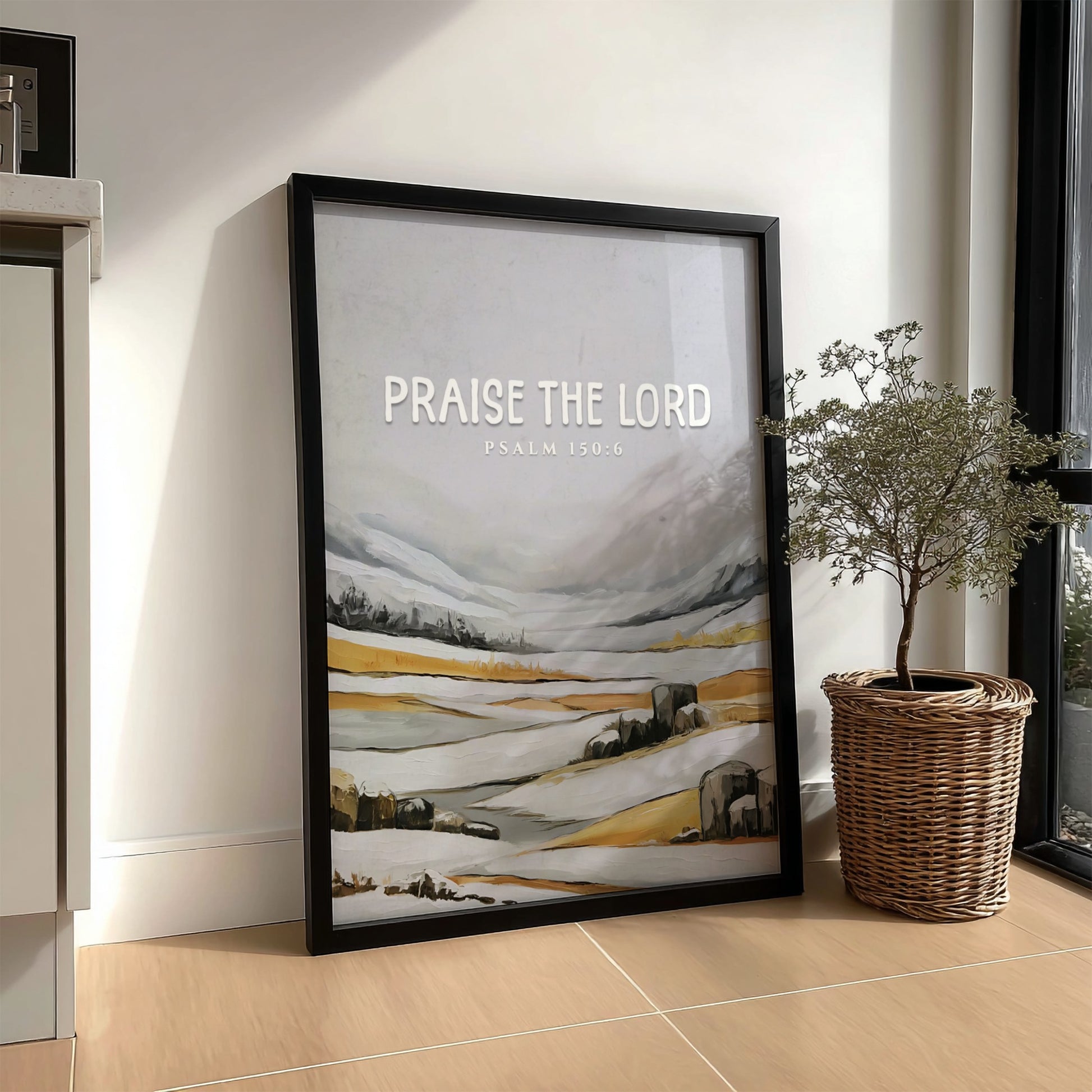 Praise the Lord poster featuring Psalm 150:6 in soft greys and earth tones, ideal for religious wall decor.