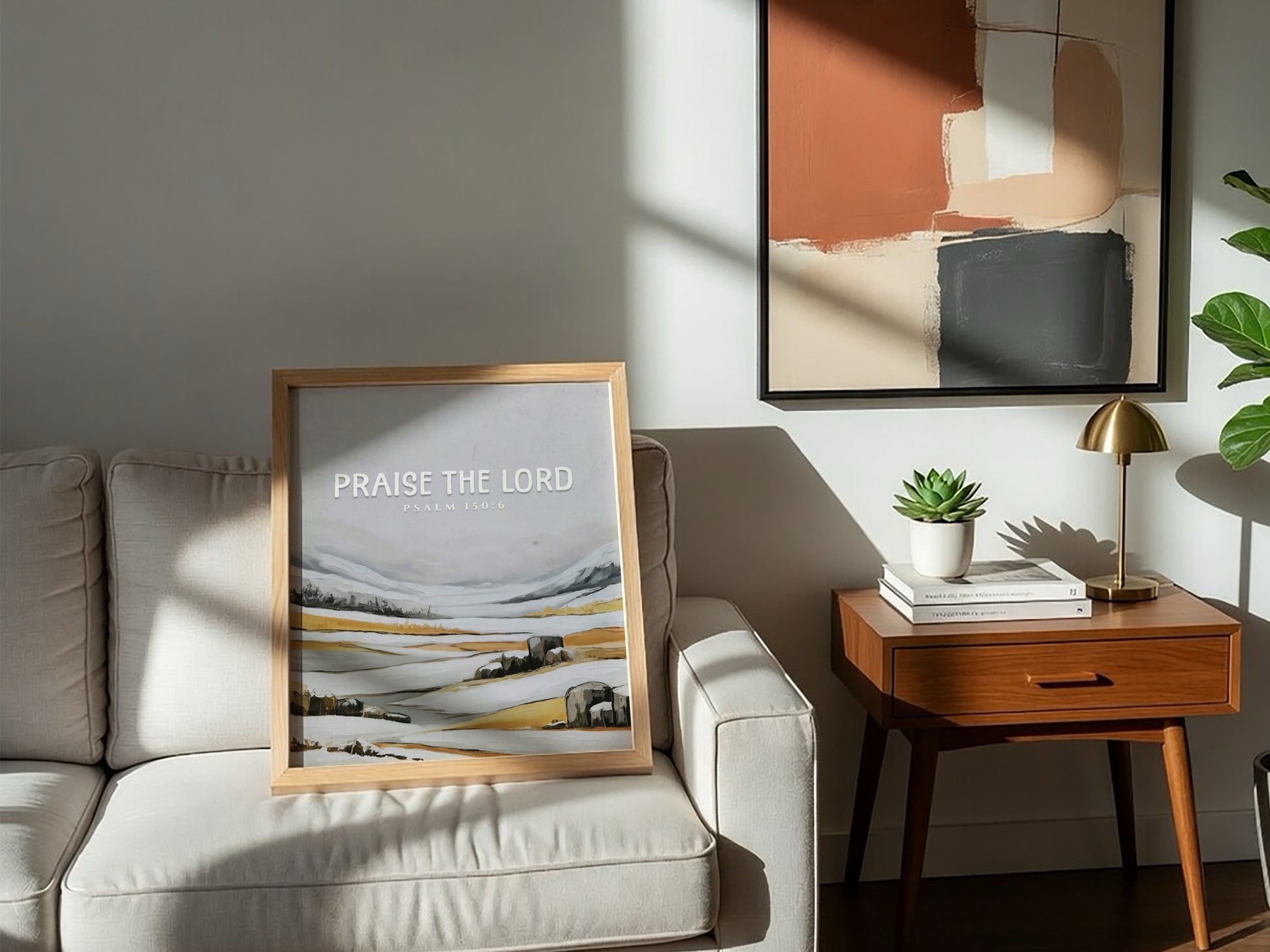 Praise the Lord poster featuring Psalm 150:6 in soft greys and earth tones, ideal for religious wall decor.