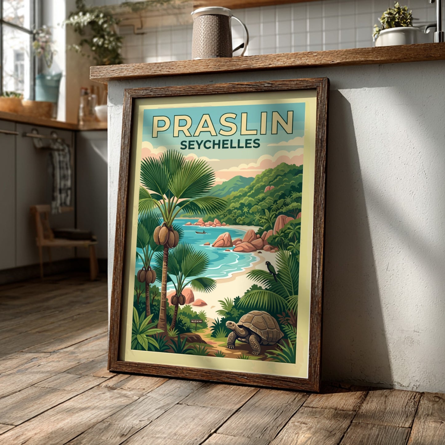Travel poster of Praslin Seychelles featuring a giant tortoise and lush tropical palm trees.