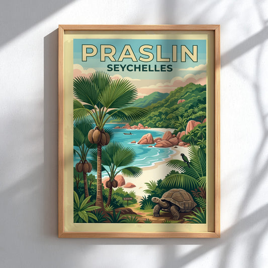 Travel poster of Praslin Seychelles featuring a giant tortoise and lush tropical palm trees.