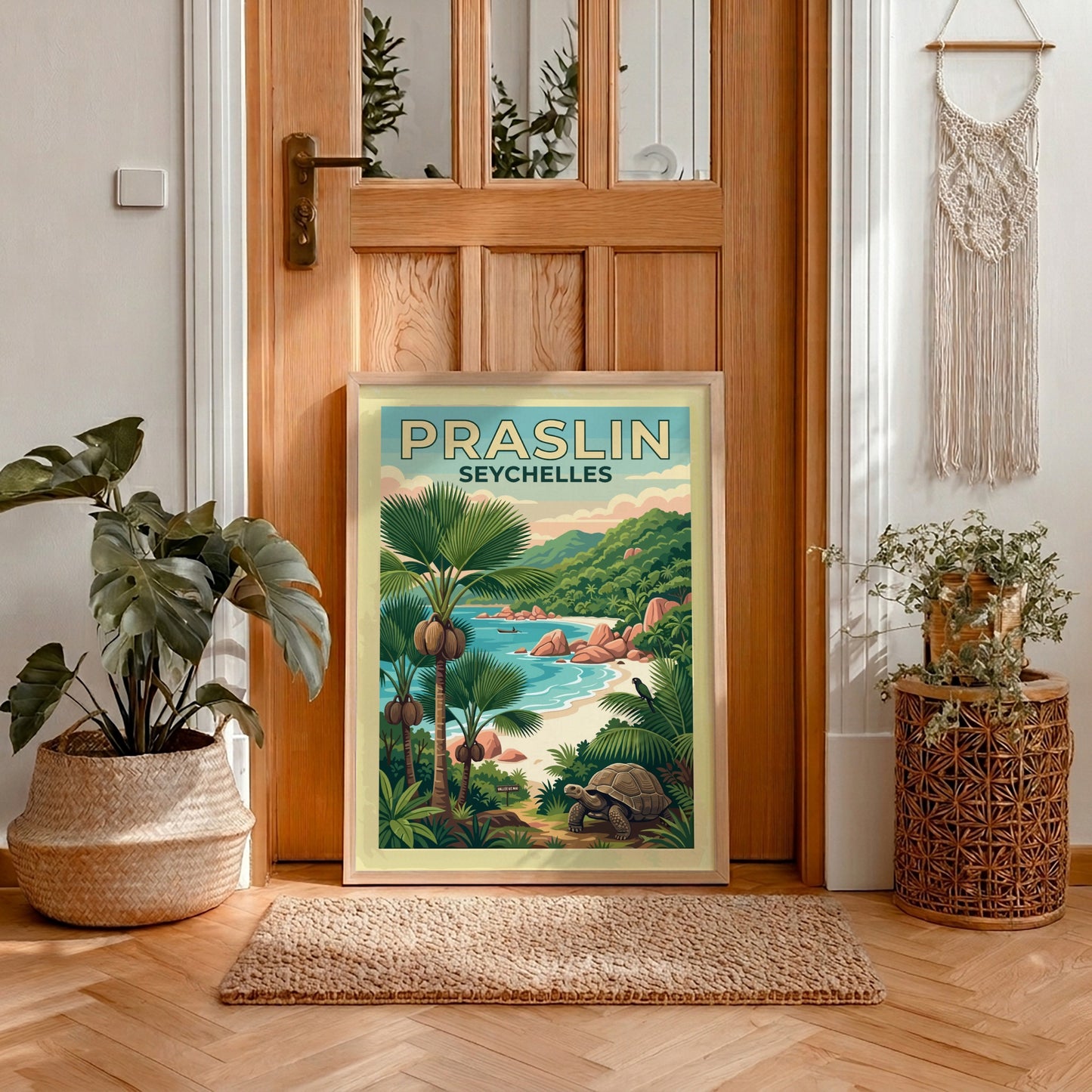 Travel poster of Praslin Seychelles featuring a giant tortoise and lush tropical palm trees.