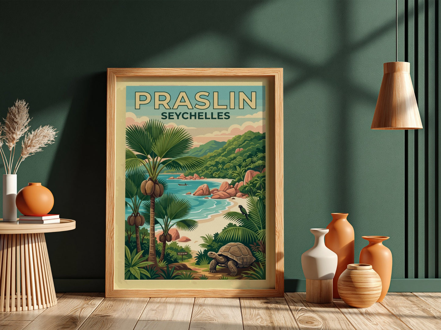 Travel poster of Praslin Seychelles featuring a giant tortoise and lush tropical palm trees.