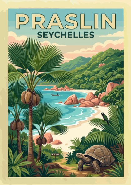 Travel poster of Praslin Seychelles featuring a giant tortoise and lush tropical palm trees.